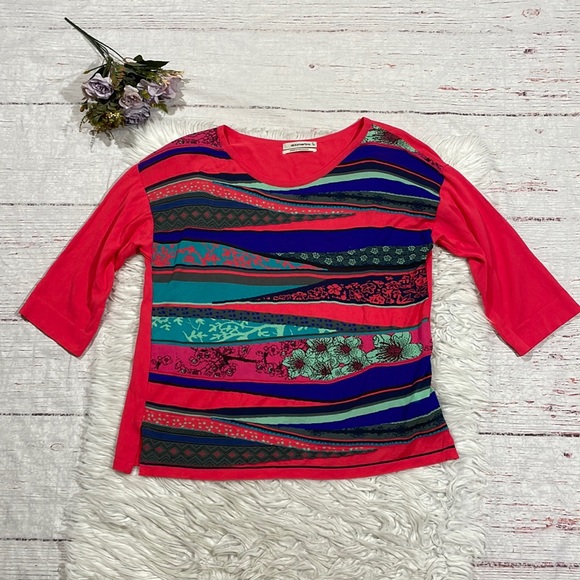 Aldomartins Floral Knit Patterned Bamboo Blend Crewneck 3/4 Sleeve Blouse - Picture 1 of 10